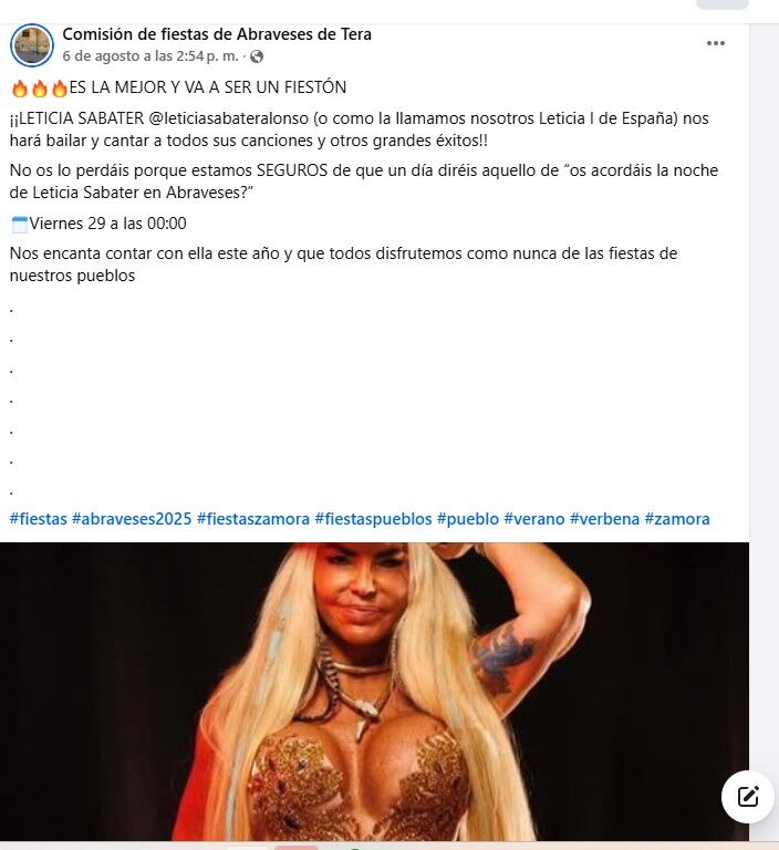 Anuncio publicado en redes sociales por la Comisión de Fiestas de Abraveses de Tera del concierto de Leticia Sabater