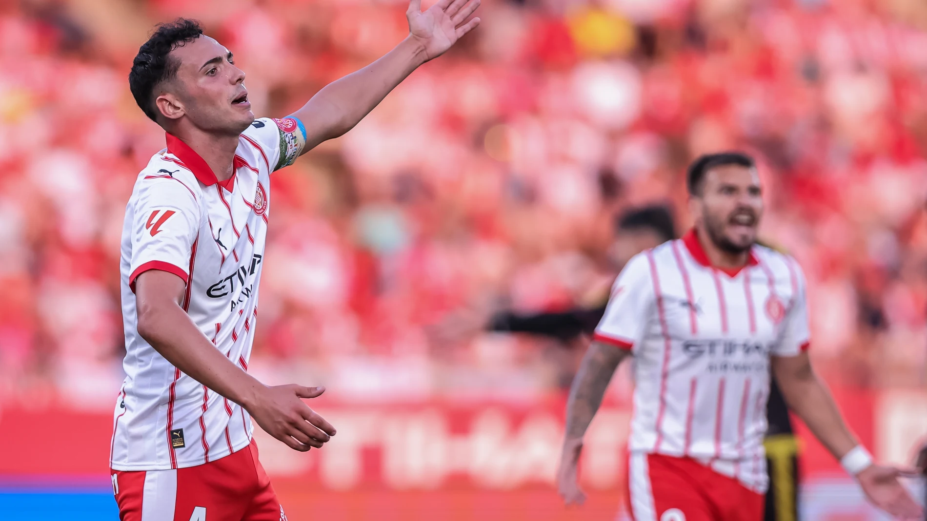 Arnau Martinez of Girona FC gestures during the Spanish league, La Liga EA Sports, football match played between Girona FC and Rayo Vallecano at Estadio de Montilivi on August 15, 2025 in Girona, Spain. AFP7 15/08/2025 ONLY FOR USE IN SPAIN