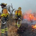 Efectivos de la brigada de bomberos forestales de la Región prestando ayuda en la lucha contra el fuego en Extremadura