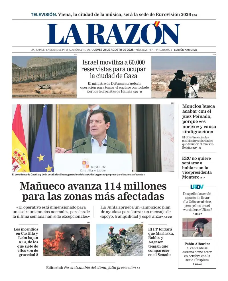 Portada de LA RAZÓN del jueves 21 de agosto de 2025