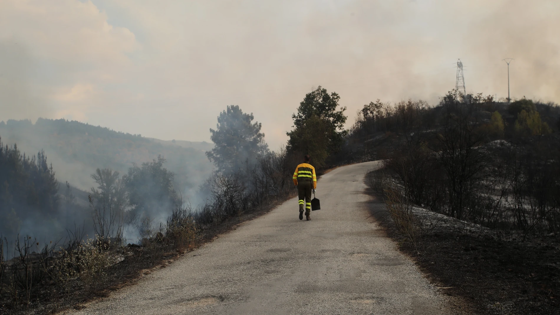 Voluntarios y profesionales en el incendio de Molinaseca