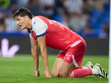 Real Sociedad v RCD Espanyol de Barcelona - LaLiga EA Sports Miguel Rubio of RCD Espanyol reacts during the LaLiga EA Sports match between Real Sociedad and RCD Espanyol at Anoeta on August 24, 2025, in San Sebastian, Spain. AFP7 24/08/2025 ONLY FOR USE IN SPAIN