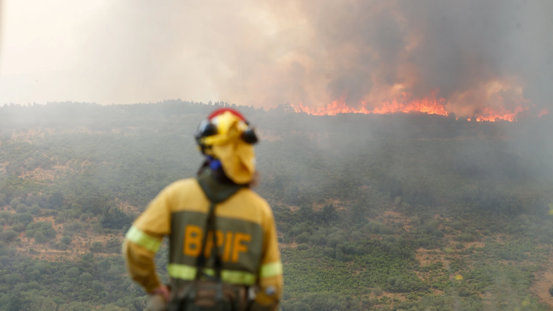 Un bombero observa el incendio forestal, a 24 de agosto de 2025, en La Baña