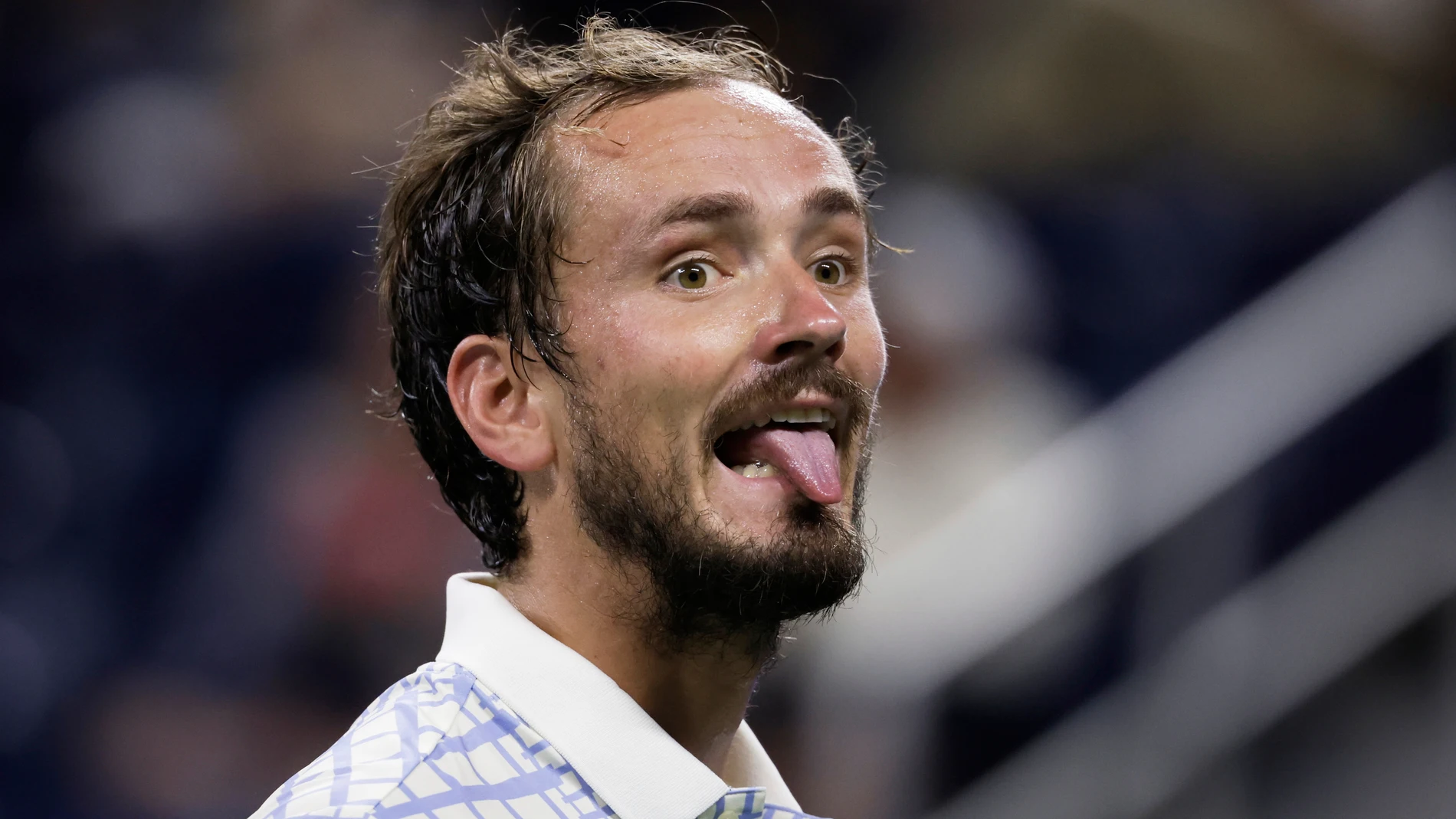 Daniil Medvedev, of Russia, reacts during a match against Benjamin Bonzi, of France, in the first-round of the U.S. Open tennis championships, Sunday, Aug. 24, 2025, in New York. (AP Photo/Adam Hunger)