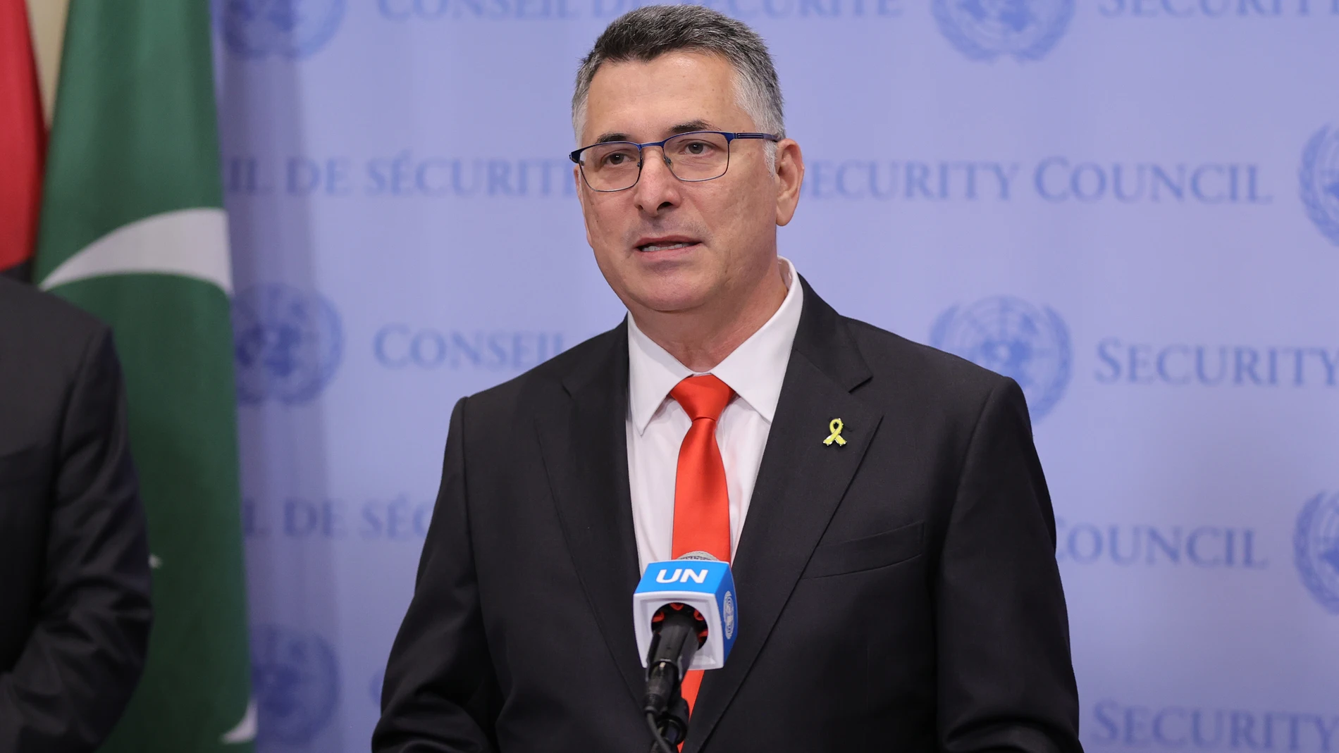 August 5, 2025, New York, Ny, USA: NEW YORK, NEW YORK - AUGUST 5: Gideon Saâ€ar, Minister for Foreign Affairs of the State of Israel, and Israelâ€s Permanent Representative to the United Nations, Ambassador Danny Danon, arrive for a press encounter before the Security Council meeting on the situation in the Middle East, including the Palestinian question, at UN Headquarters on August 5, 2025 in New York City. The high-level session addressed ongoing tensions and drew international media cover...