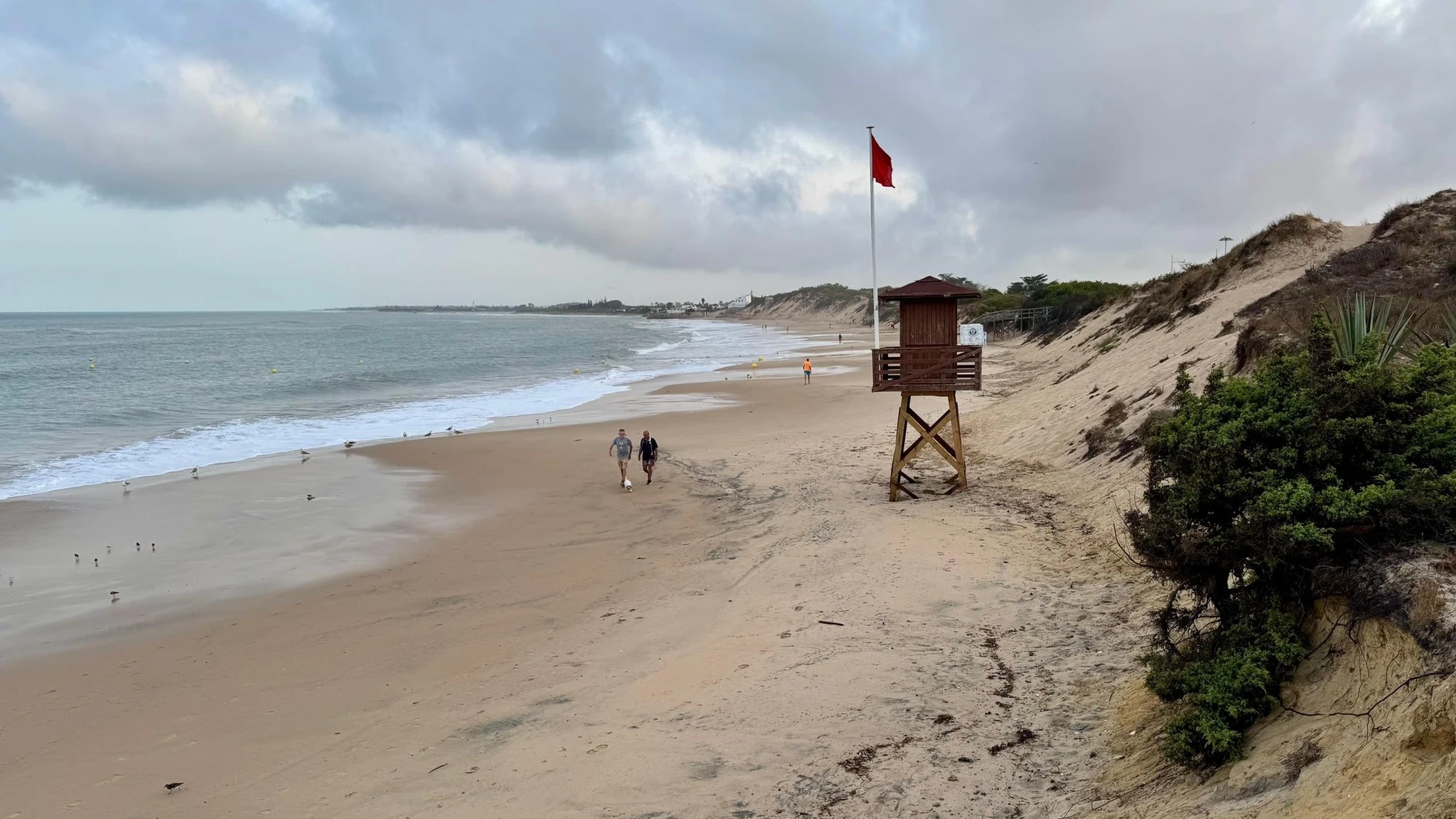 Una playa de Rota con la bandera roja en la pasada tarde del martes por mar de fondo. REMITIDA / HANDOUT por AYUNTAMIENTO DE ROTA Fotografía remitida a medios de comunicación exclusivamente para ilustrar la noticia a la que hace referencia la imagen, y citando la procedencia de la imagen en la firma 27/08/2025