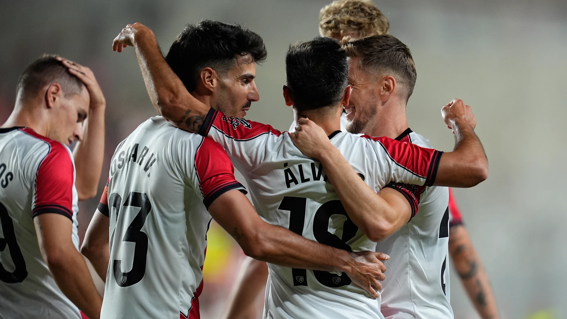Alvaro Garcia of Rayo Vallecano celebrates a goal with teammates during the UEFA Conference League Play-off second leg match between Rayo Vallecano and Neman Grodno at Estadio de Vallecas on August 28, 2025, in Madrid, Spain. AFP7 28/08/2025 ONLY FOR USE IN SPAIN