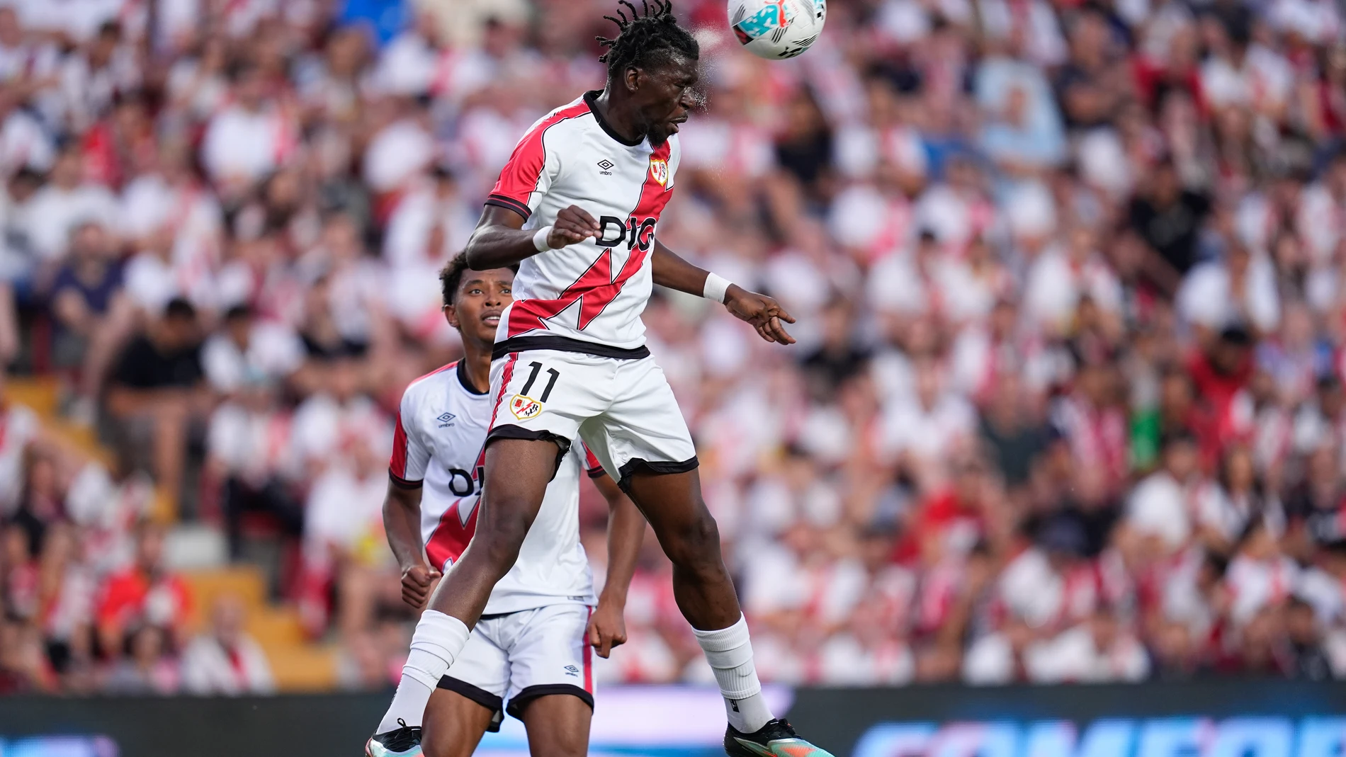 Randy Nteka of Rayo Vallecano in action during the UEFA Conference League Play-off second leg match between Rayo Vallecano and Neman Grodno at Estadio de Vallecas on August 28, 2025, in Madrid, Spain. AFP7 28/08/2025 ONLY FOR USE IN SPAIN