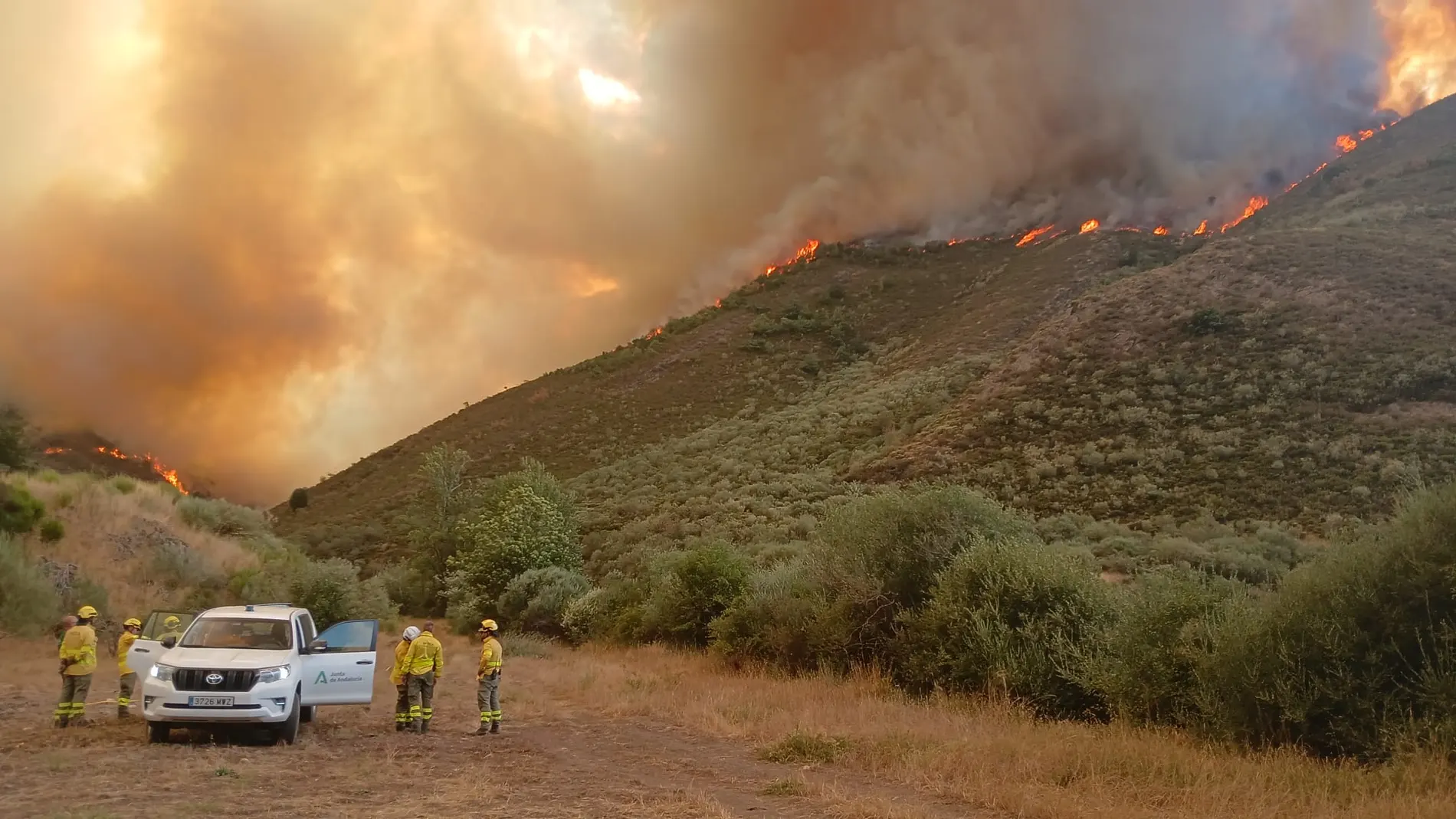 Miembros de Infoca de Andalucía colaboran en la extinción del incendio de Barniedo de la Reina (León)