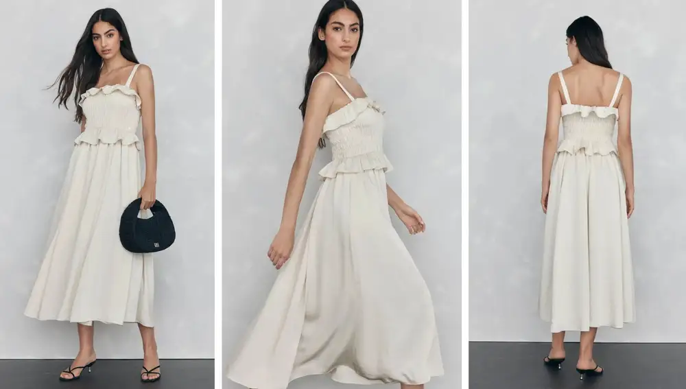 Vestido blanco midi de Pedro del Hierro con cuerpo fruncido, disponible por 79€