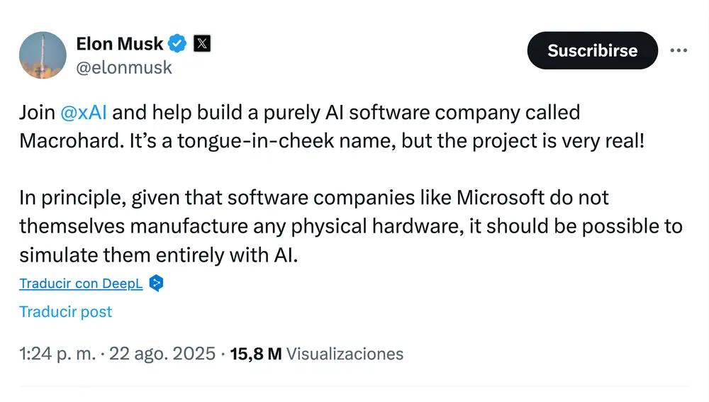 La publicación de Elon Musk en X donde anuncia el proyecto "Macrohard"