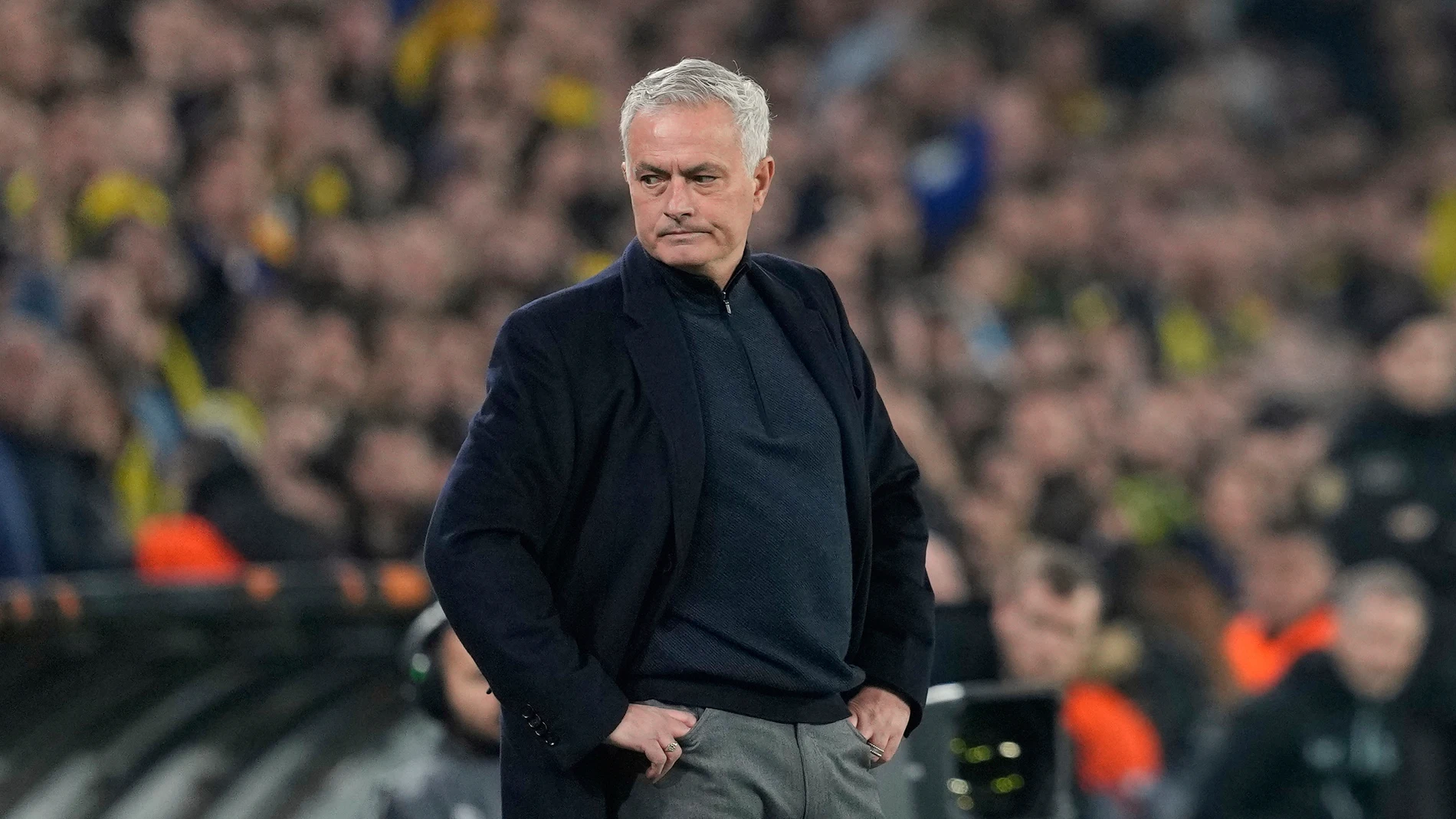 FILE - Fenerbahce's head coach Jose Mourinho looks on prior to the Europa League round of 16 first leg soccer match between Fenerbahce and Rangers at Sukru Saracoglu stadium in Istanbul, Turkey, Thursday, March 6, 2025. (AP Photo/Khalil Hamra , File)