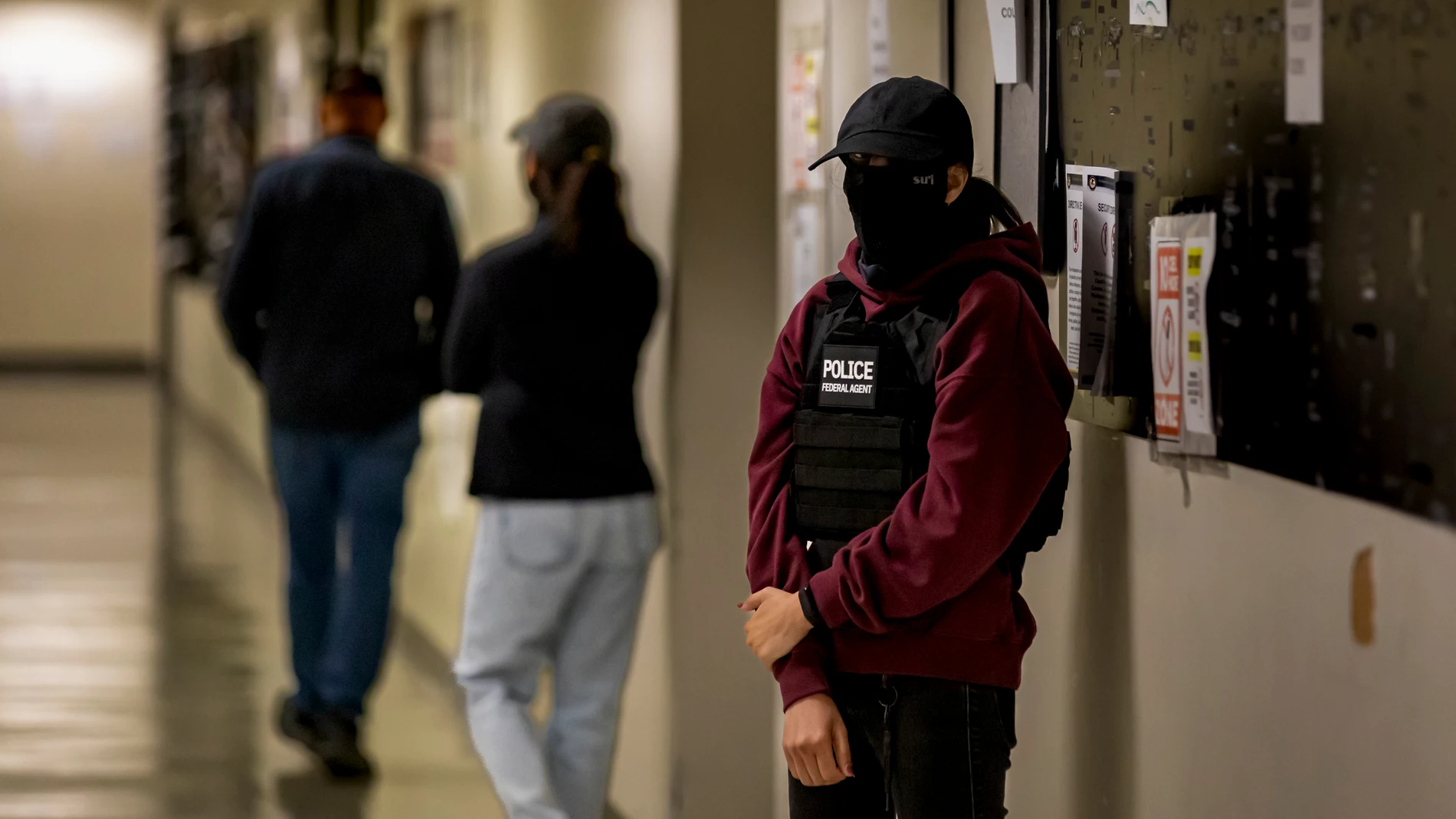 August 8, 2025, New York, Ny, United States: Federal agents patrol the halls of immigration court at the Jacob K. Javitz Federal Building. About 15 people were arrested for disorderly conduct after a rally outside 26 Federal Plaza to protest the alleged use of the buildingâ€s 10th floor as a covert ICE detention facility which faith leaders attempted to get access to before being denied. According to figures published by the Deportation Data Project, there has been over 100,000 immigrant arre...
