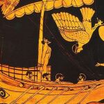 Representación de Ulises atado al mástil de su barco mientras oye a las sirenas