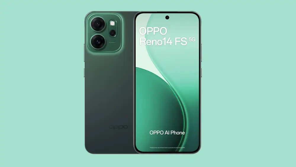 El diseño al completo del nuevo Reno14 FS 5G en su color Luminous Green