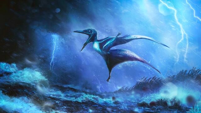 Impresión artística de un diminuto pterosaurio Pterodactylus recién nacido luchando contra una tormenta tropical furiosa, inspirada en descubrimientos fósiles. Obra de Rudolf Hima.