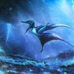 Impresión artística de un diminuto pterosaurio Pterodactylus recién nacido luchando contra una tormenta tropical furiosa, inspirada en descubrimientos fósiles. Obra de Rudolf Hima.