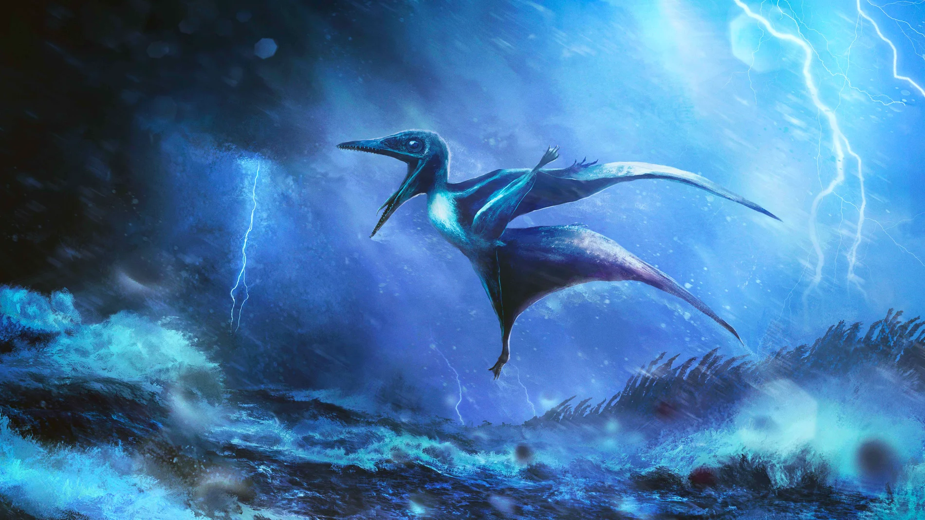 Impresión artística de un diminuto pterosaurio Pterodactylus recién nacido luchando contra una tormenta tropical furiosa, inspirada en descubrimientos fósiles. Obra de Rudolf Hima.