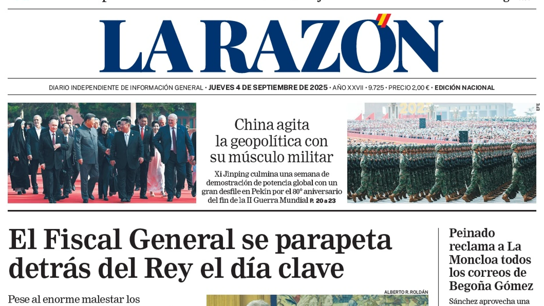 Portada de LA RAZÓN del jueves 4 de septiembre de 2025