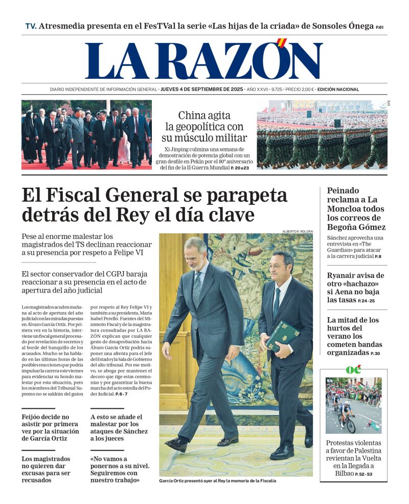 Portada de LA RAZÓN del jueves 4 de septiembre de 2025