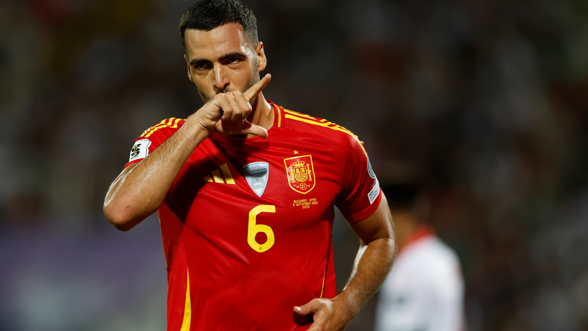 Spain's Mikel Merino celebrates after scoring his side's third goal during the World Cup Group E qualifying soccer match between Bulgaria and Spain in Sofia, Bulgaria, Thursday, Sept. 4, 2025. (AP Photo/ Tony Uzunov)