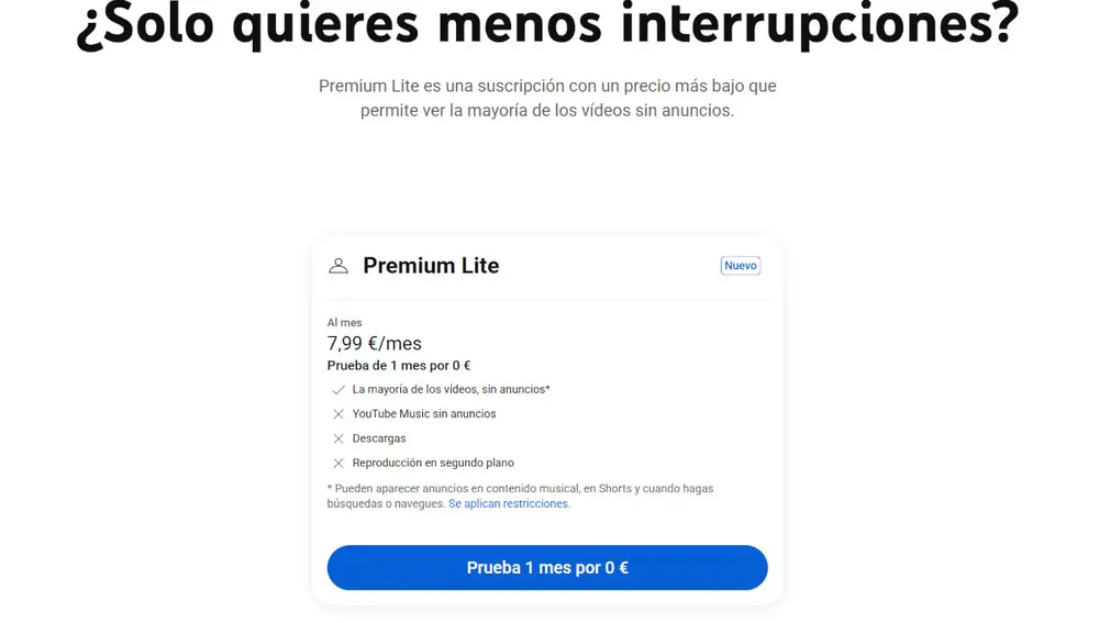 Opción de escoger el plan Premium Lite y el mes de prueba gratis