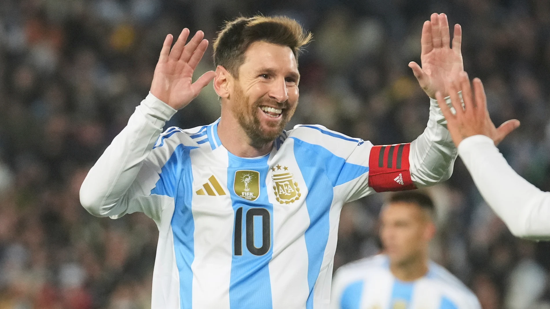 Argentina's Lionel Messi celebrates scoring his side's third goal against Venezuela during a World Cup 2026 qualifying soccer match at the Monumental stadium in Buenos Aires, Argentina, Thursday, Sept. 4, 2025. (AP Photo/Gustavo Garello)