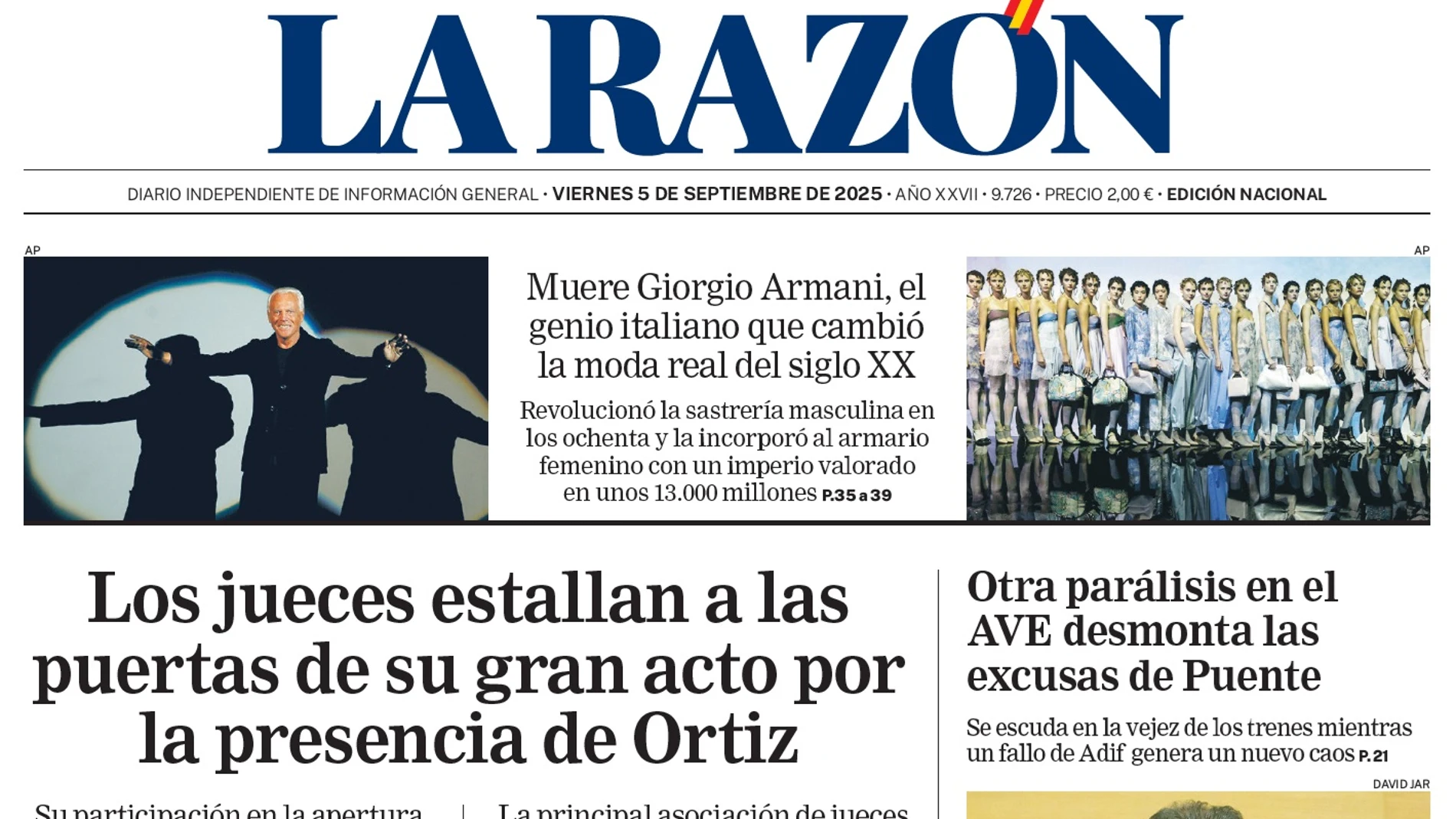 Portada de LA RAZÓN del viernes 5 de septiembre de 2025