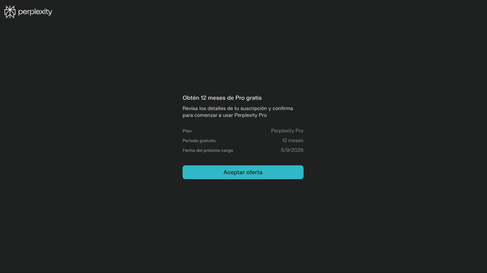 Pulsa en 'Aceptar oferta' para activar tu año gratis de Perplexity Pro