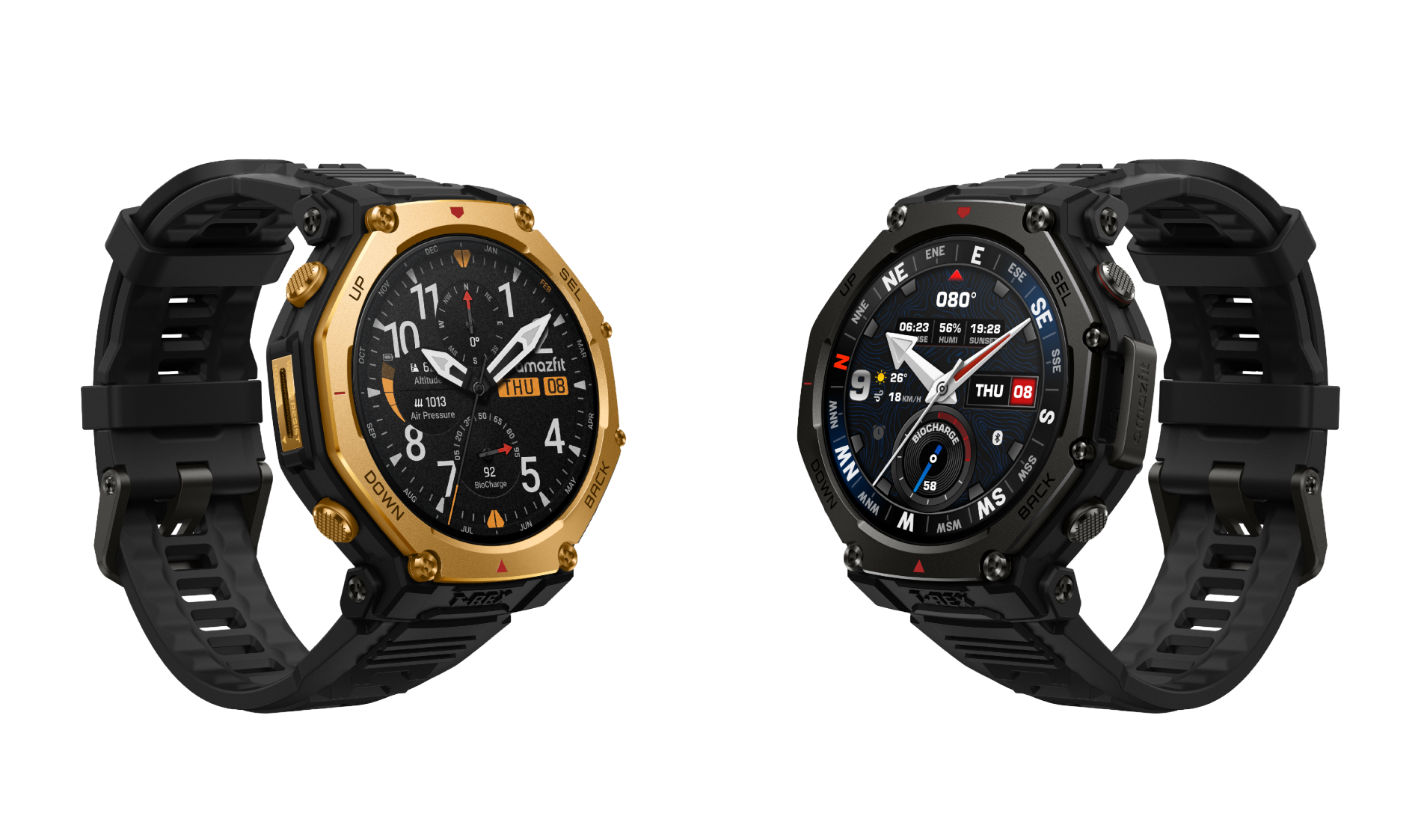 Amazfit T-Rex 3 Pro de 48 mm en color Black Gold (izquierda) y Tactical Black (derecha)