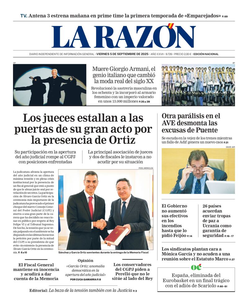 Portada de LA RAZÓN del viernes 5 de septiembre de 2025