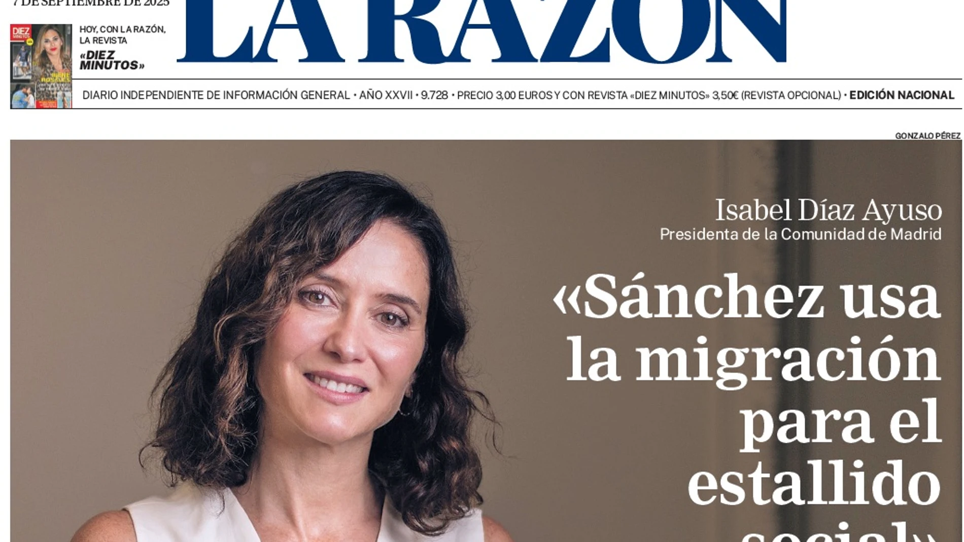 Portada de LA RAZÓN del domingo 7 de septiembre de 2025
