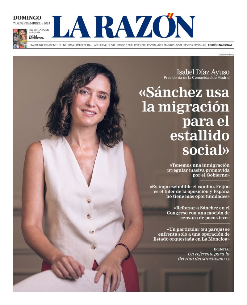 Portada de LA RAZÓN del domingo 7 de septiembre de 2025