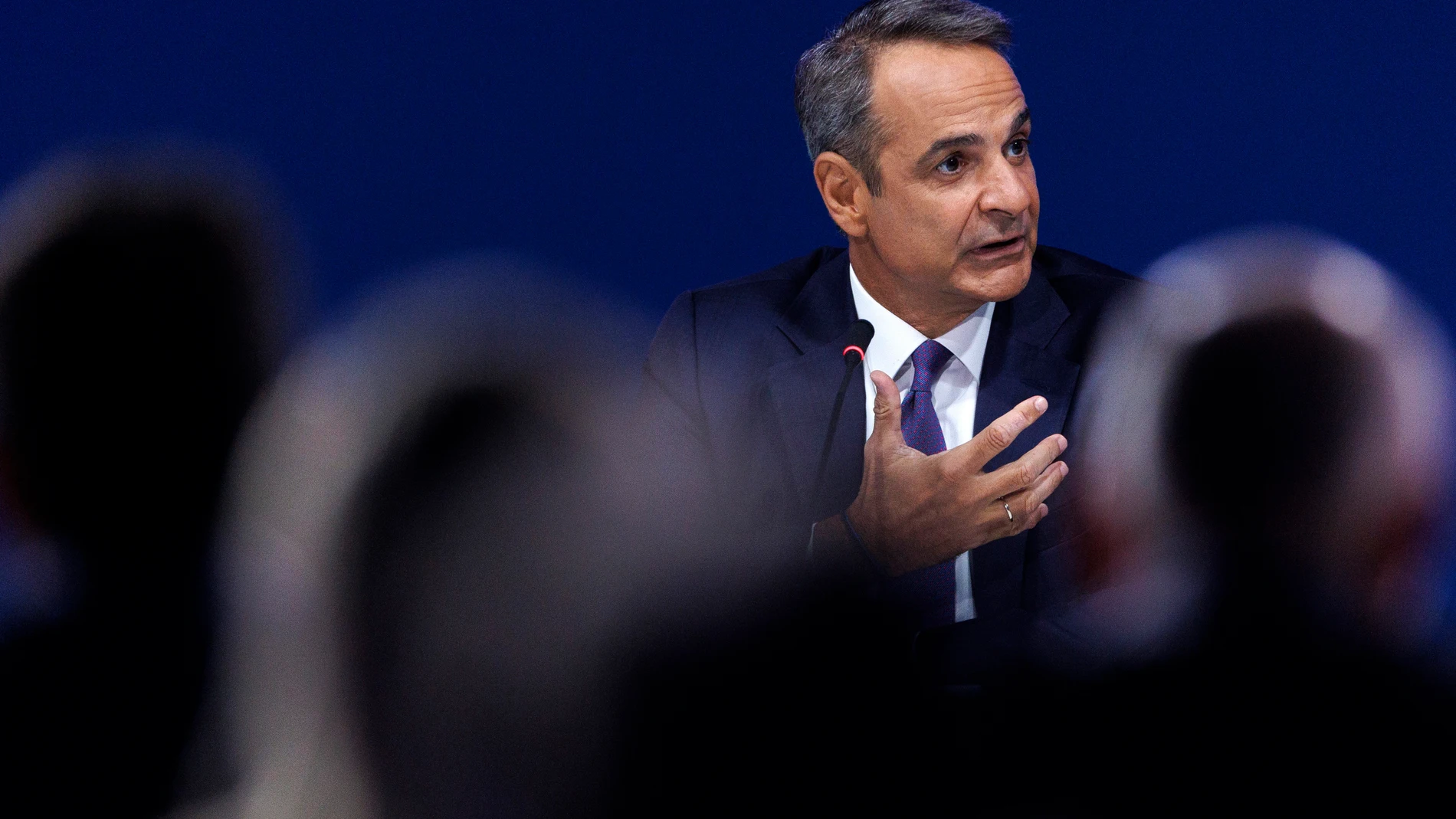 THESSALONIKI (Greece), 07/09/2025.- Greek Prime Minister Kyriakos Mitsotakis speaks during a press conference in the context of the 89th Thessaloniki International Fair in Thessaloniki, Greece, 07 September 2025. This year's edition, marking the 100th anniversary of the organization's founding in 1925, will feature over 1,000 exhibitors from 06 to 14 September. (Grecia, Salónica) EFE/EPA/ACHILLEAS CHIRAS