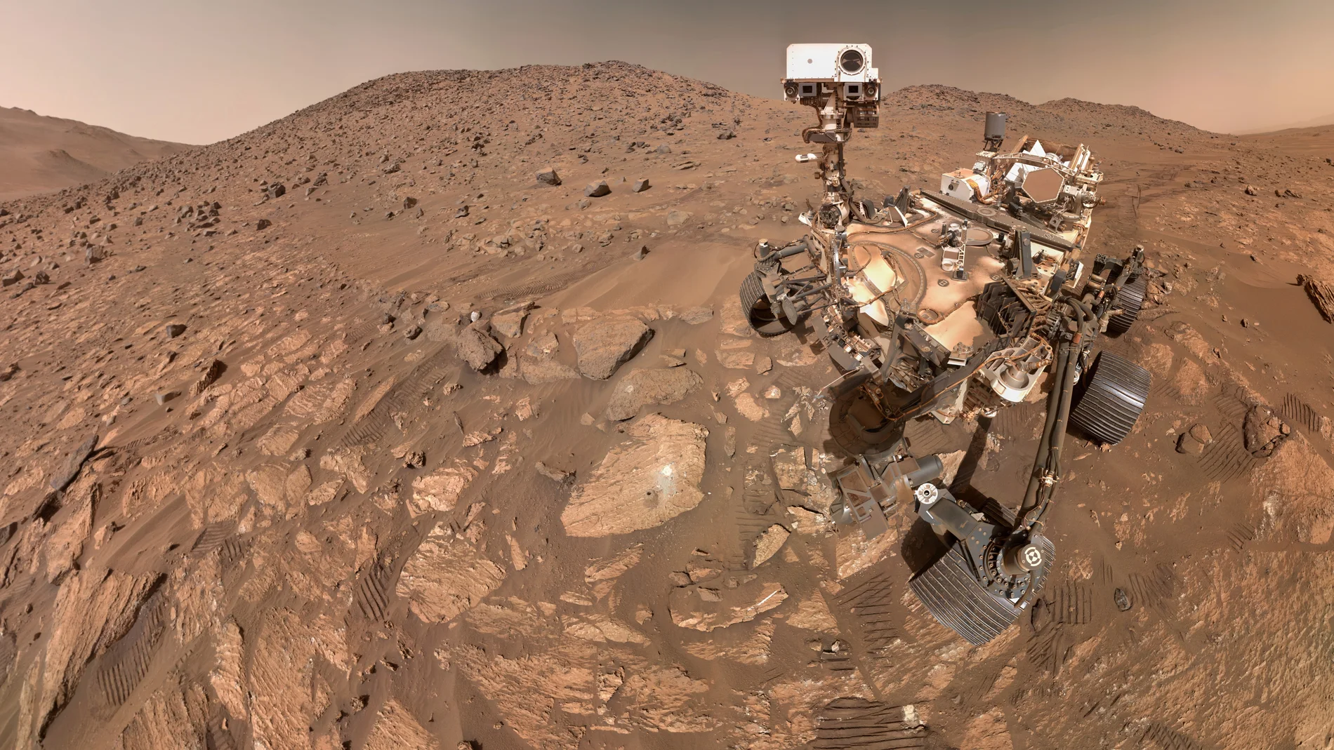 This image provided by NASA shows NASA's Perseverance Mars rover taking a selfie, made up of 62 individual images on July 23, 2024. (NASA via AP)