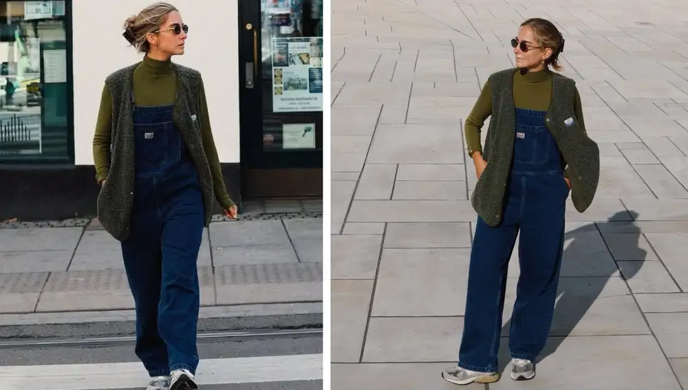 Un ejemplo de cómo el chaleco polar en verde se integra en looks urbanos de entretiempo.