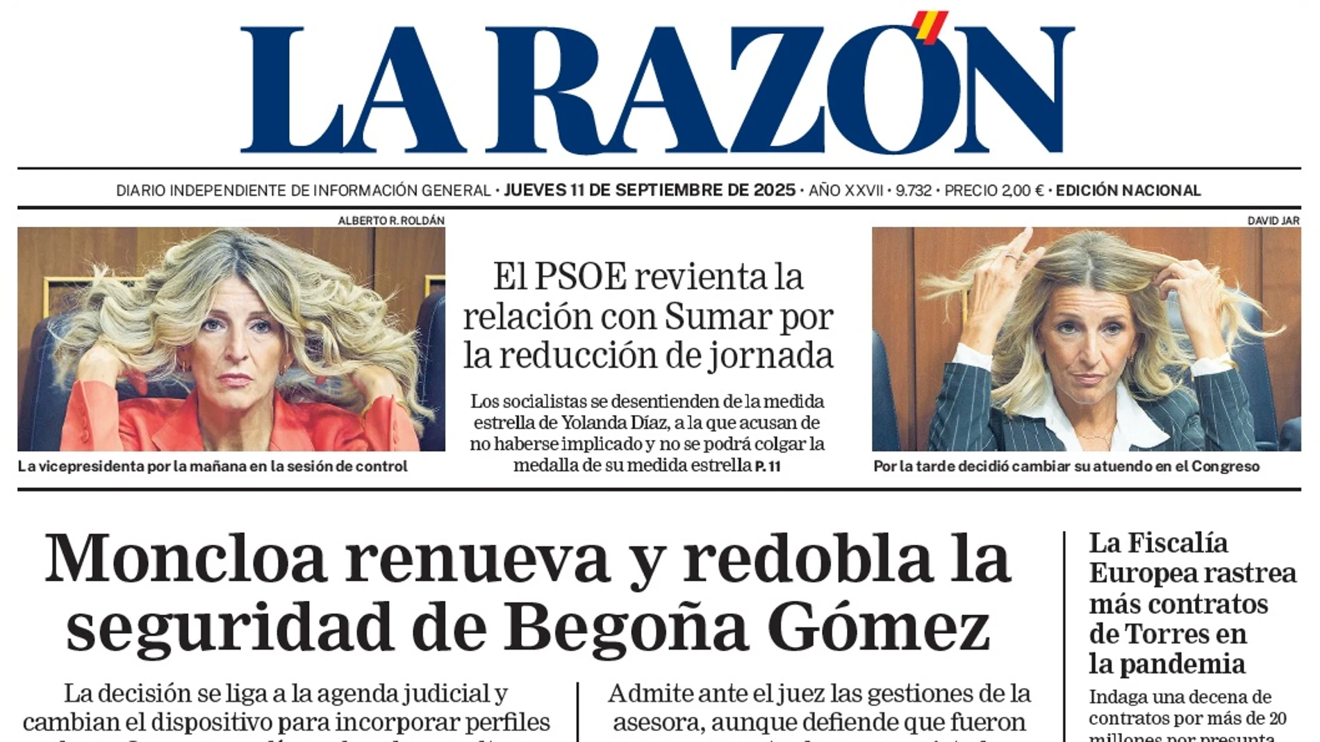 Portada de LA RAZÓN del jueves 11 de septiembre de 2025