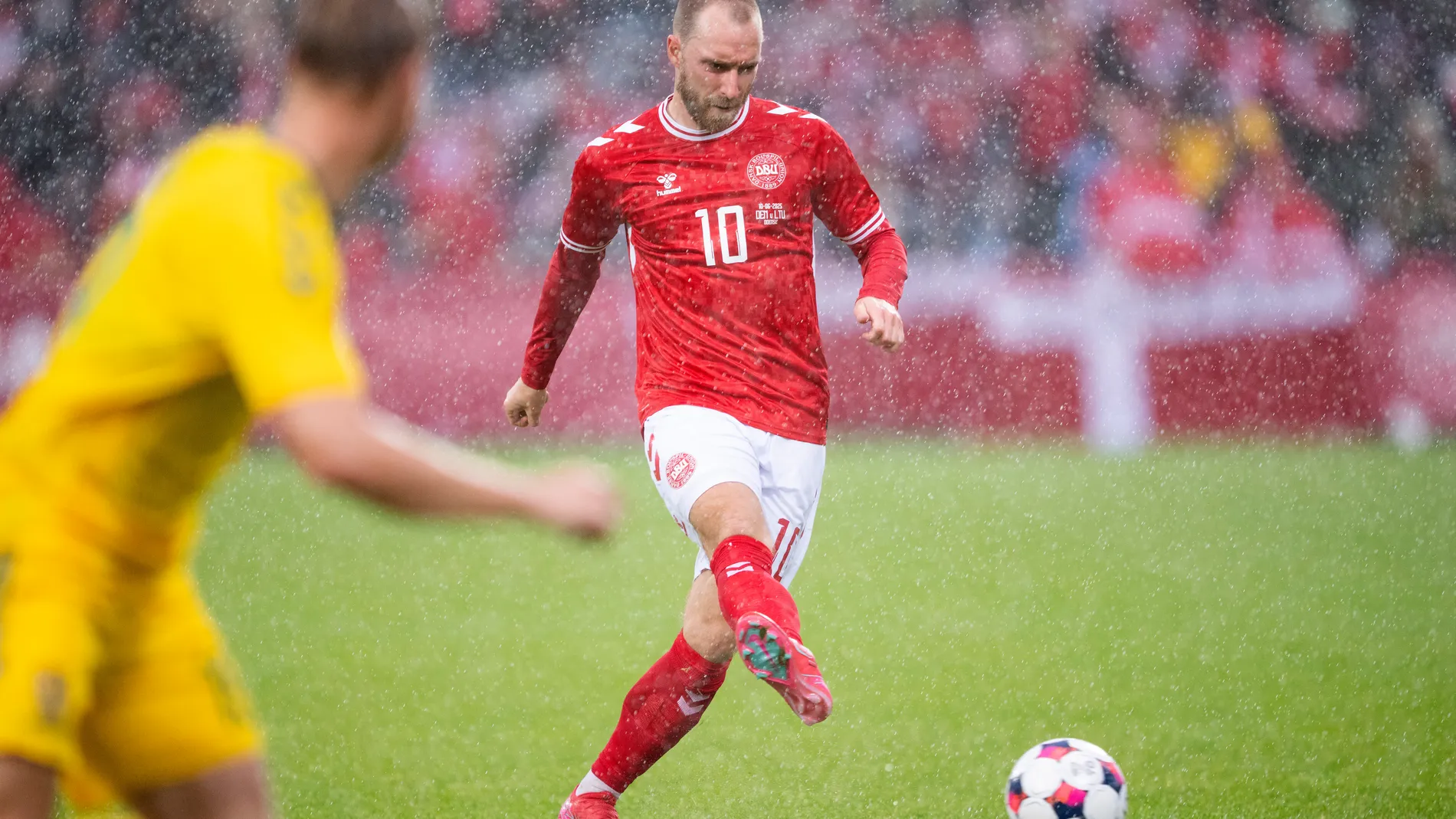 FILE - Denmark's Christian Eriksen passes the ball during an international friendly soccer match against Lithuania at Odense Stadium, Denmark, June 10, 2025. (Bo Amstrup/Ritzau Scanpix via AP, File)