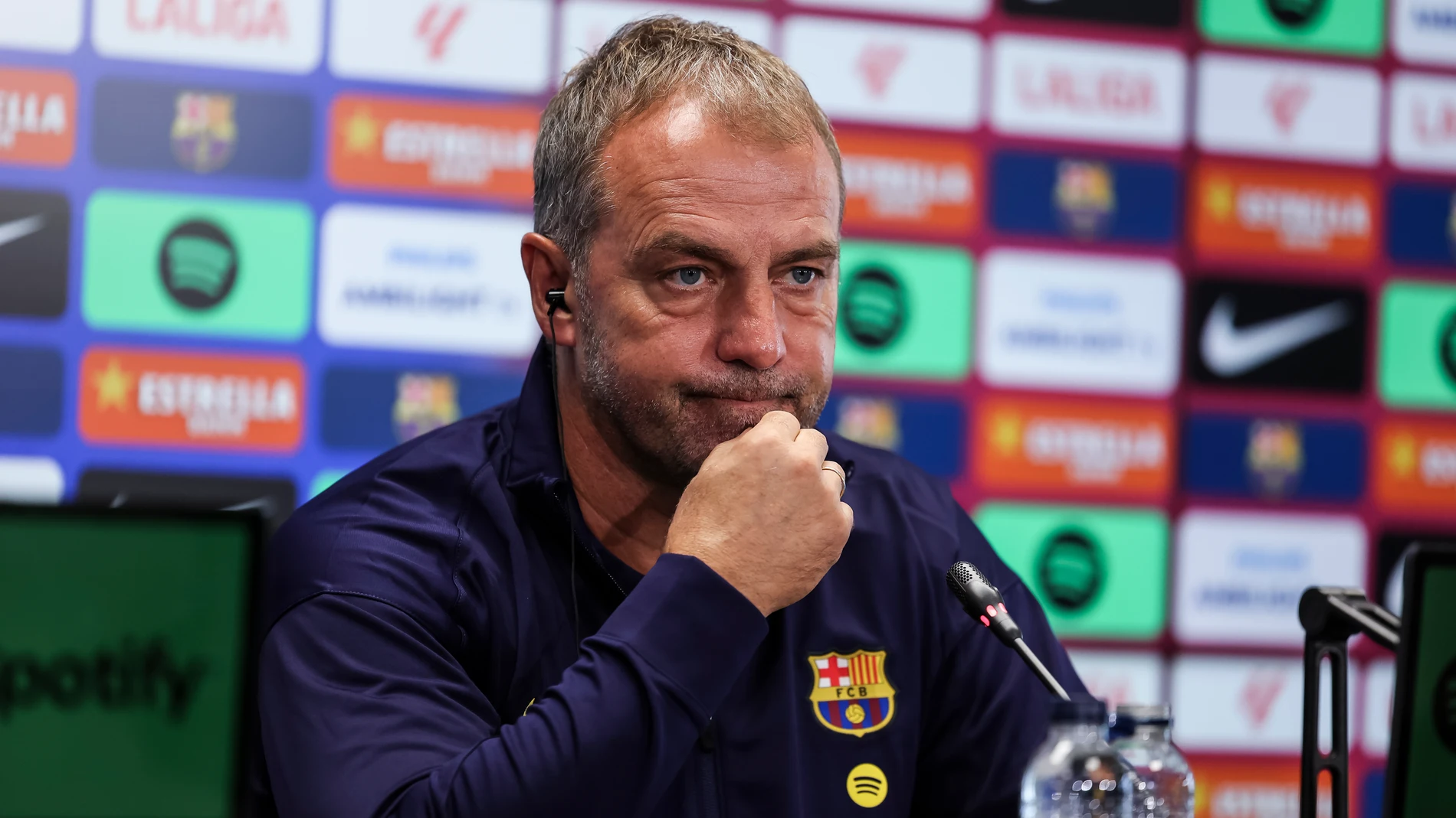 Hansi Flick, head coach of FC Barcelona, attends his press conference during the training day of FC Barcelona ahead the Spanish League, La Liga EA Sports, football match against Valencia CF at Ciudad Esportiva Joan Gamper on September 13, 2025 in Sant Joan Despi, Barcelona, Spain. AFP7 13/09/2025 ONLY FOR USE IN SPAIN