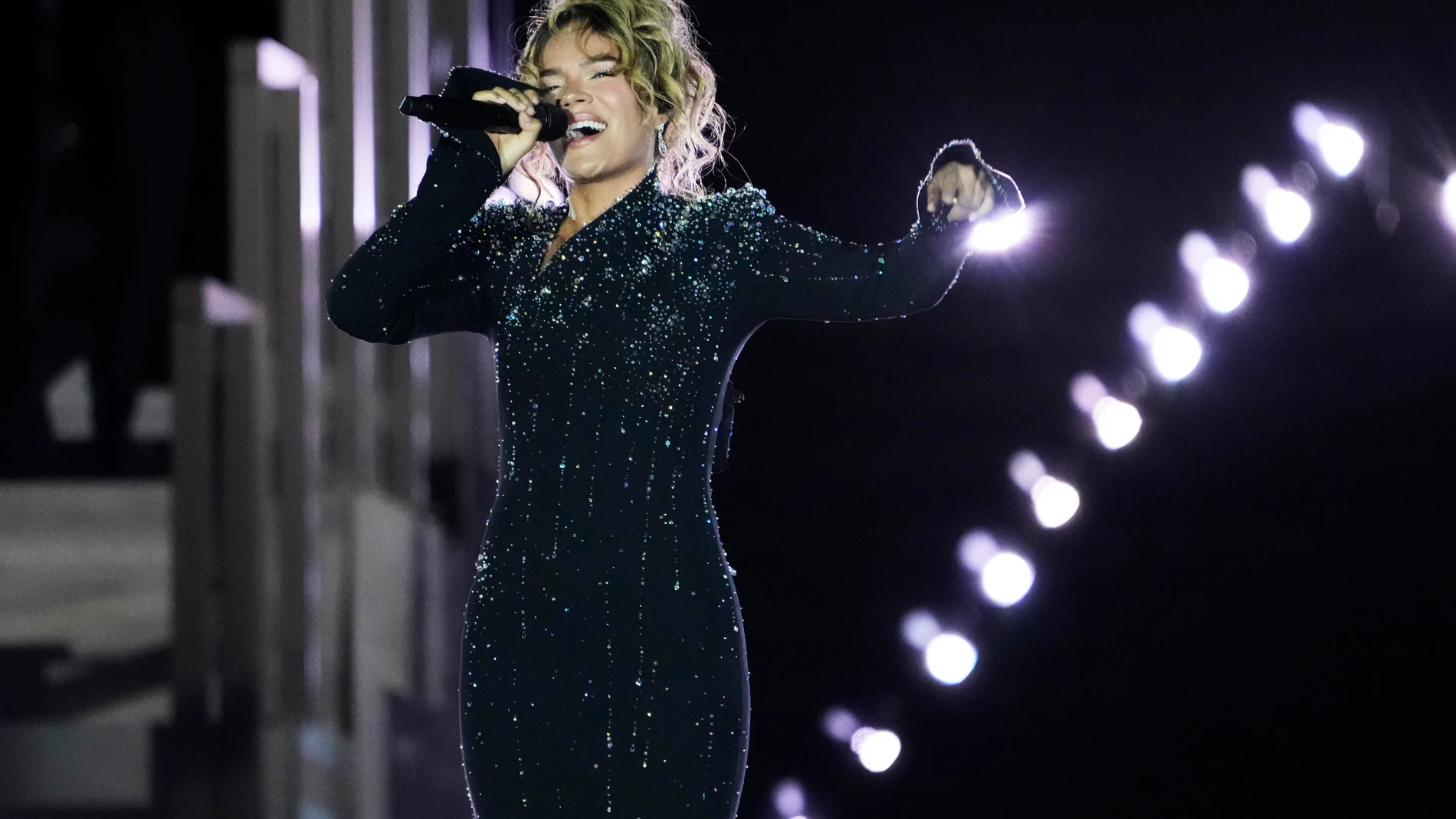 Karol G performs during a concert in St. Peter's Square for the conclusion of the World Meeting on Human Fraternity at the Vatican, Saturday, Sept. 13, 2025. (AP Photo/Gregorio Borgia)