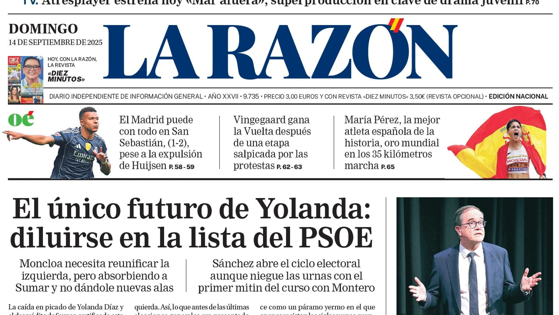 Portada de LA RAZÓN del domingo 14 de septiembre de 2025