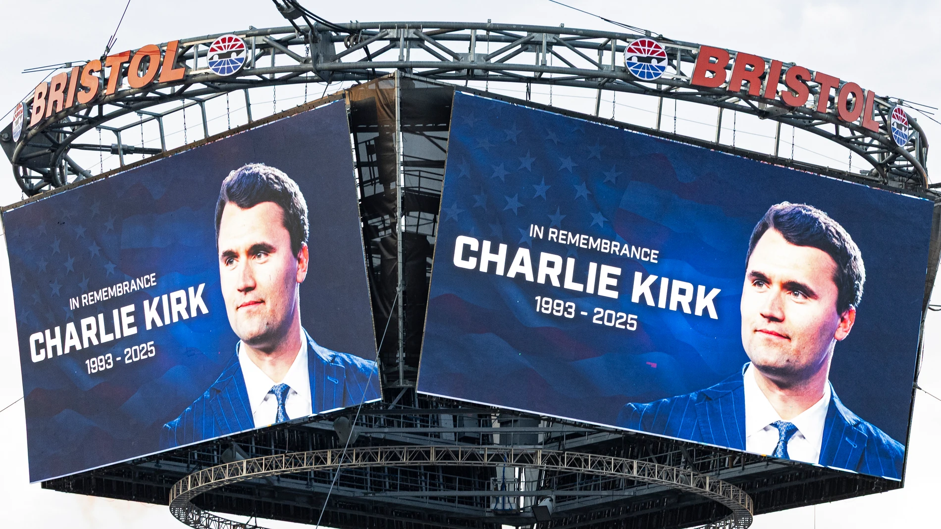 A tribute to Charlie Kirk is shown on the Jumbotron before a NASCAR Cup Series auto race, Saturday, Sept. 13, 2025, in Bristol, Tenn. (AP Photo/Wade Payne)