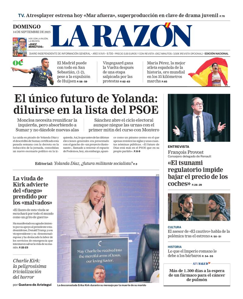 Portada de LA RAZÓN del domingo 14 de septiembre de 2025