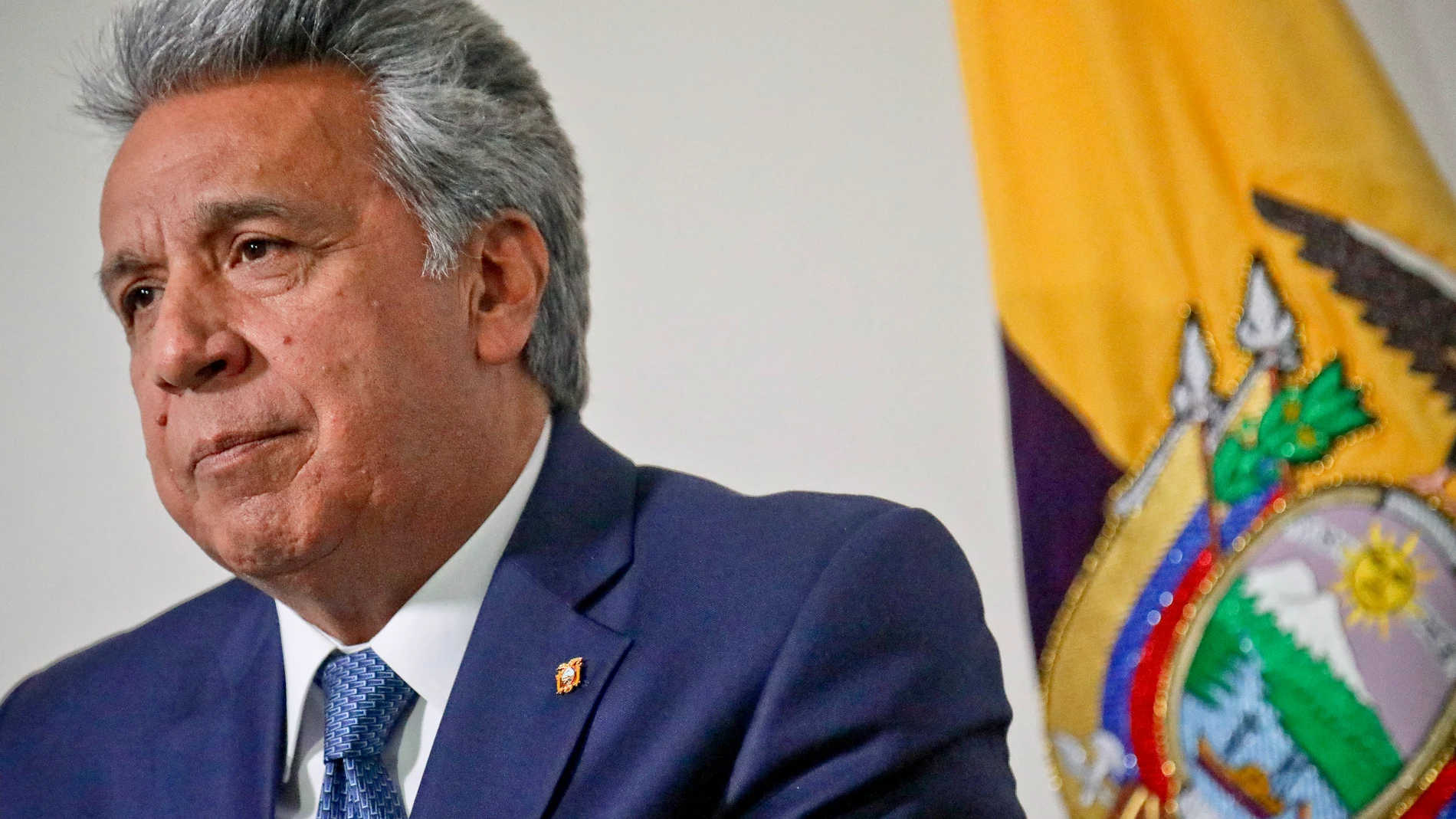 FILE - Ecuador President Lenín Moreno listens while being interviewed, during the United Nations General Assembly, in New York, Wednesday Sept. 26, 2018. (AP Photo/Bebeto Matthews, FIle)