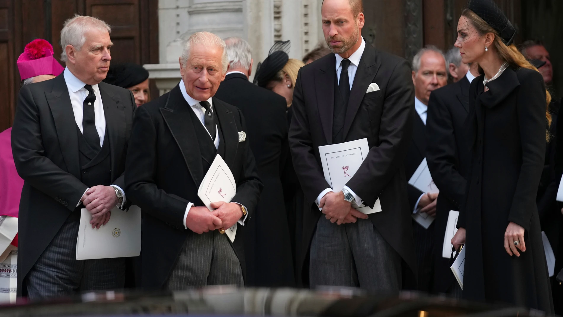 Britain's Kate, Princess of Wales, Prince William, Prince Andrew and Britain's King Charles III leave after the Requiem Mass service for the Duchess of Kent at Westminster Cathedral in London, Tuesday, Sept. 16, 2025.(AP Photo/Joanna Chan)