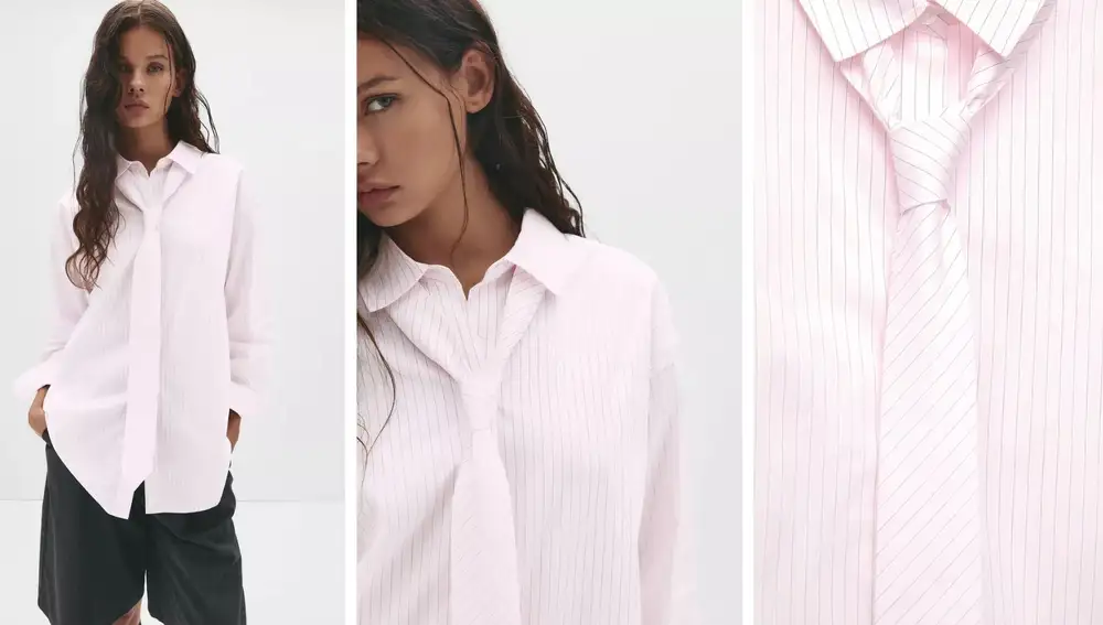 Camisa rosa pastel con raya diplomática y corbata a juego (27,99€)