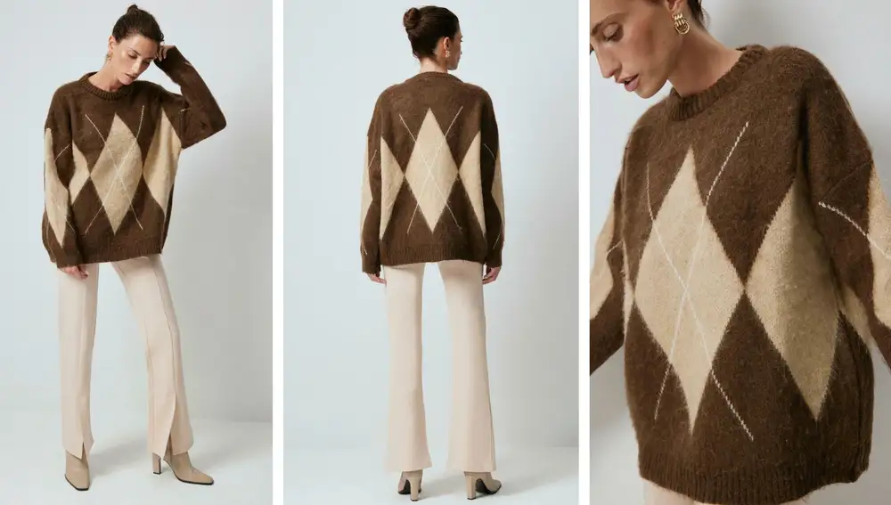 Jersey de punto marrón y beige con rombos de Touché Privé (49,95€)