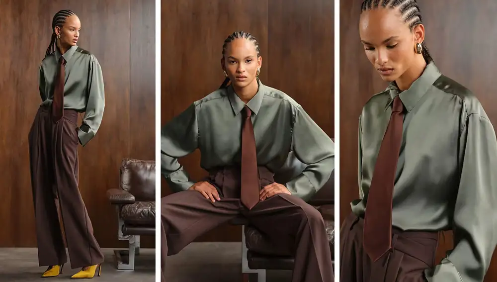 Camisa extragrande en verde oliva con corbata en contraste de satén marrón chocolate (49,99€)