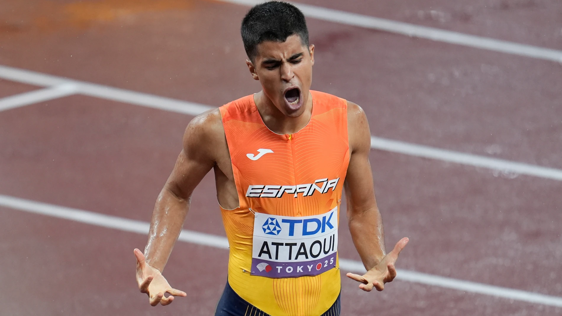 Spain's Mohamed Attaoui reacts after competing in the men's 800 meters semifinal at the World Athletics Championships in Tokyo, Thursday, Sept. 18, 2025. (AP Photo/Abbie Parr)