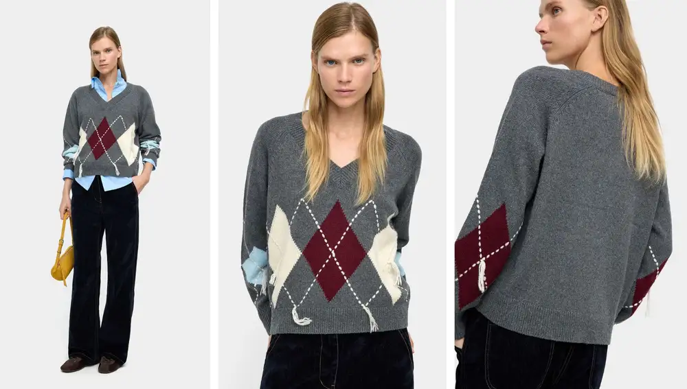 Jersey de punto con rombos y bordado en gris, burdeos y crudo (35,99€)